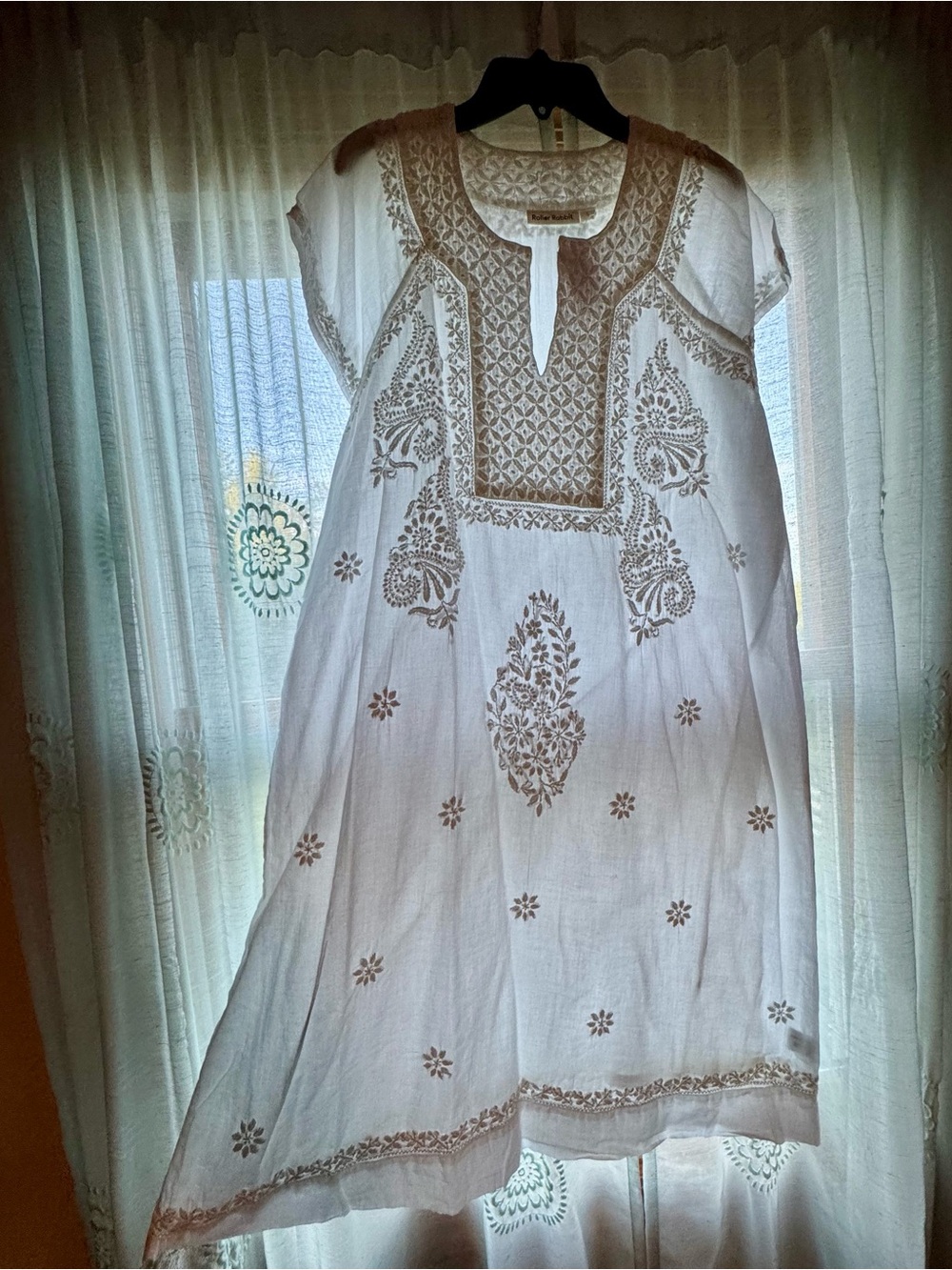 Roller Rabbit White Embroidered Cotton Dress with Beige Detail